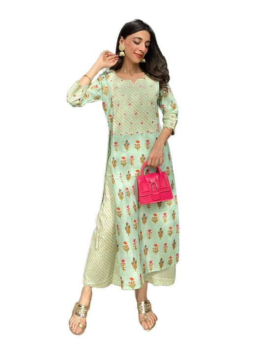 GoSriKi Women's Cotton Straight Printed Kurta with Palazzo (Khona-GO)