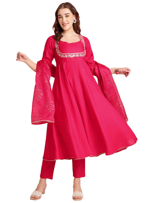 Gosriki WomenS Rayon Blend Anarkali Embroidered Kurta With Pant & Dupatta (Aparnaa Pink-Vks03-Gs_L_Pink_Large)
