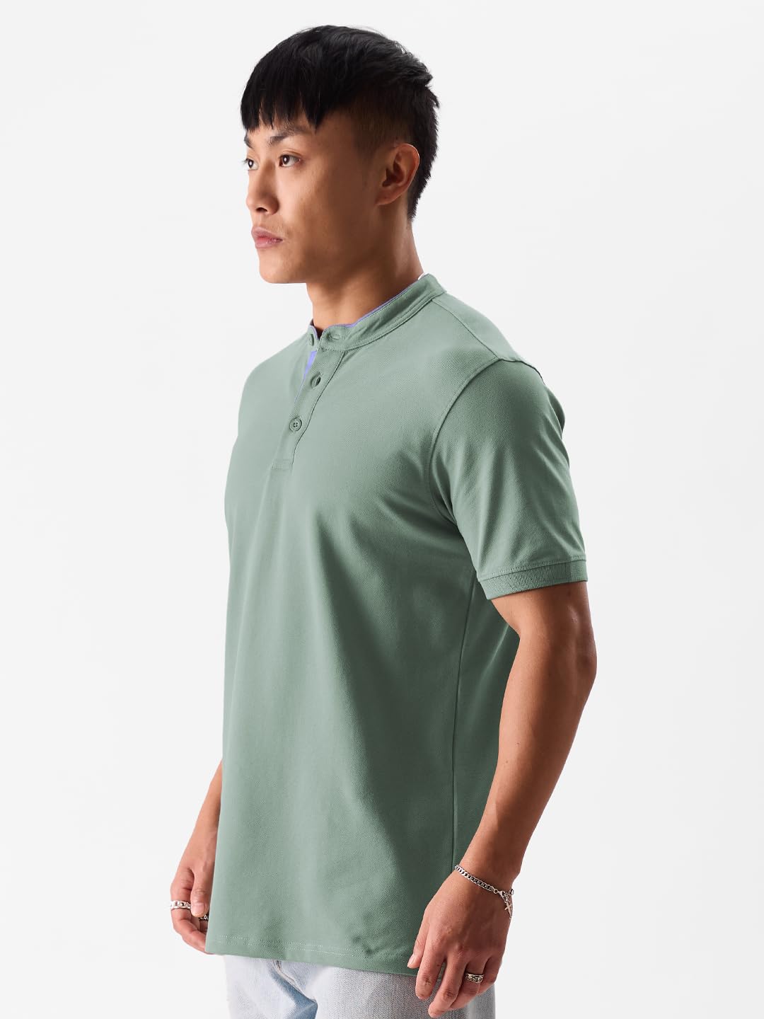 The Souled Store Solids: Sage Green Mens Regular Fit Solid Half Sleeve Cotton Green Mandarin Polos Mandarin Polos Fashionable Tr