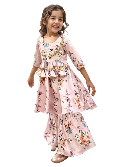 A.T.U.N. (All Things Uber Nice) A.T.U.N. Girls Ethnic Wear Sharara | Floral White And Pink Printed Kurta With Sharara Set For Gi