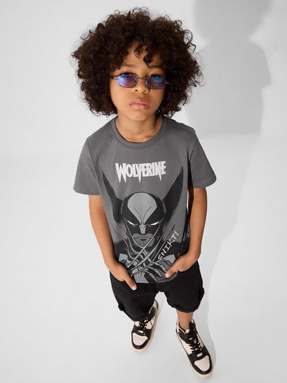 The Souled Store Official Marvel: Wolverine Young Boys Short Sleeve Round Neck Graphic Printed Regular Fit Cotton T-Shirts Grey