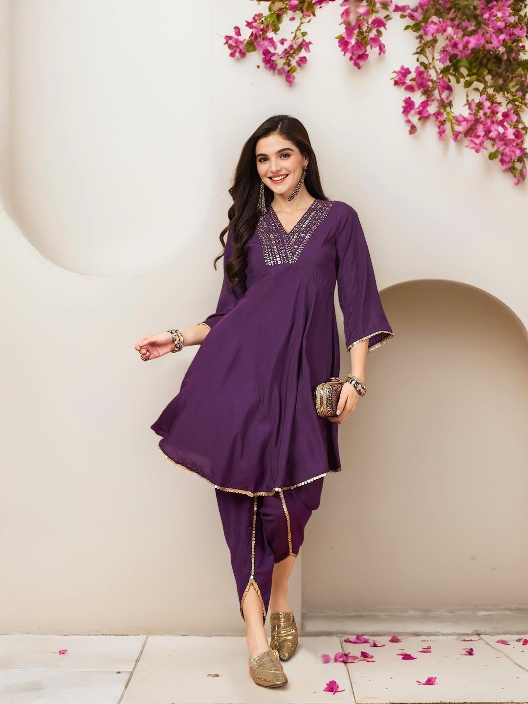 Ishin Women Sequin V-Neck Embellished Knee Length Flared Kurta With Dhoti Pants
