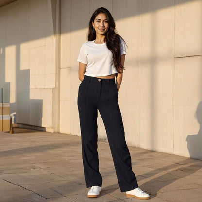 BlissClub Ultimate Straight Tailored Trosuers | CloudSoftTM | Gold Button | Belt Loops | Stylish Pintucks | Mock Fly | 2 Pockets