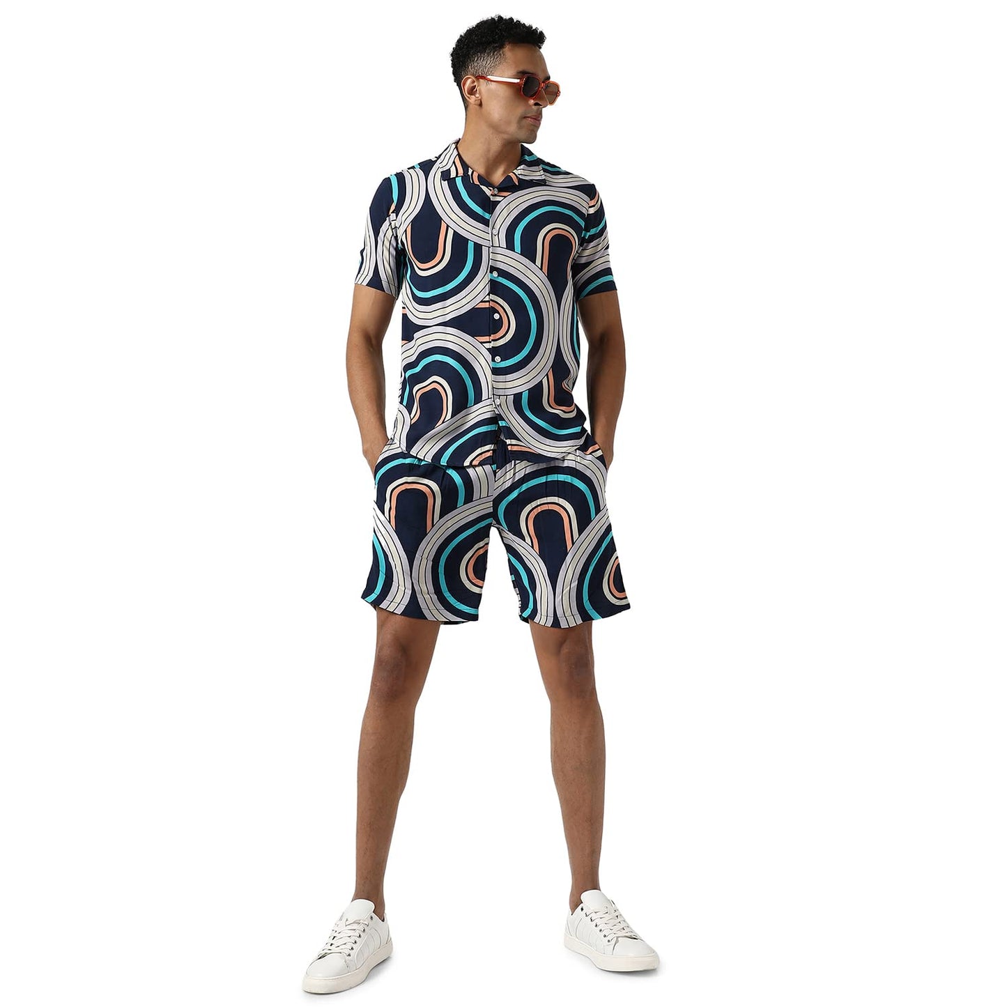 Campus Sutra Mens Navy Blue Printed Regular Fit Co-Ords Set For Casual Wear | Cotton Blend Fabric | Stretchable | Clothing Set