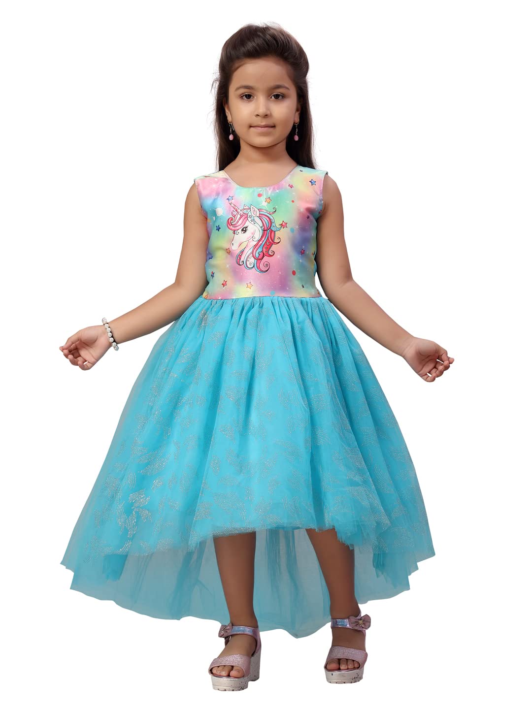 Aarika Girl's Nylon A-Line Floor Length Dress (FK-3012_Firozi_26)