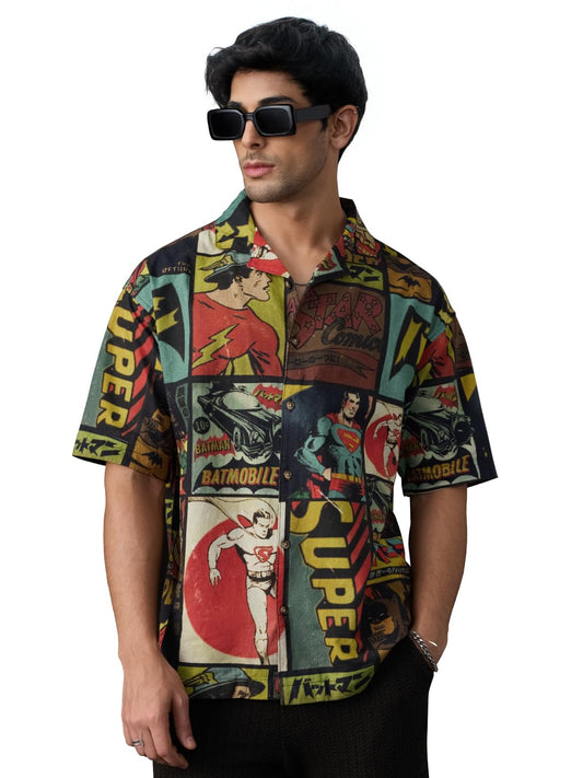 The Souled Store DC: Vintage Poster Men and Boys Short Sleeves Collared Neck Button Front Multi All Over Printed Oversized Fit L