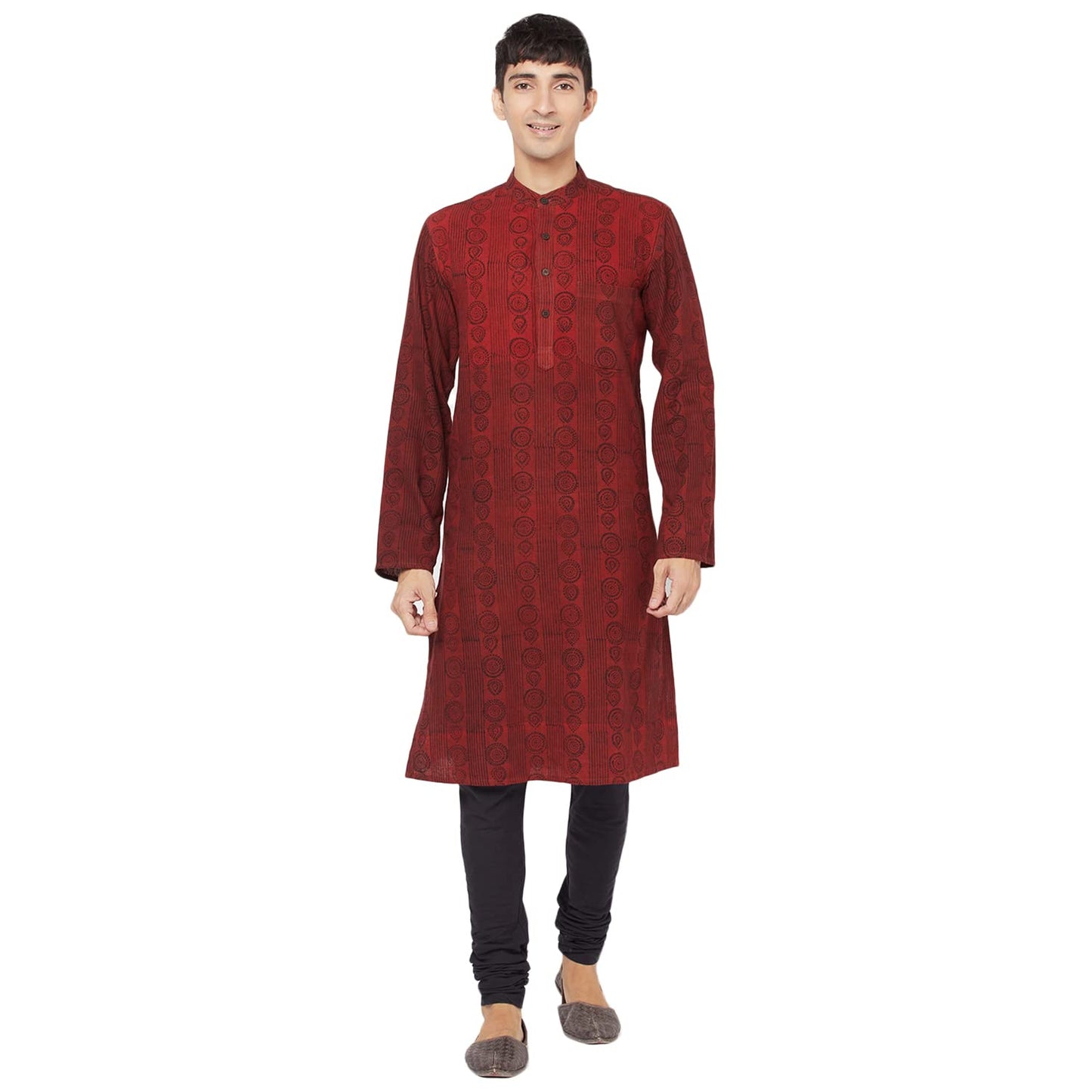 Fabindia MenS Cotton Printed Slim Kurta_Red_S