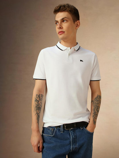 Dennis Lingo Mens White Poly Cotton Loose Fit Solid Half Sleeve Polo T-Shirt
