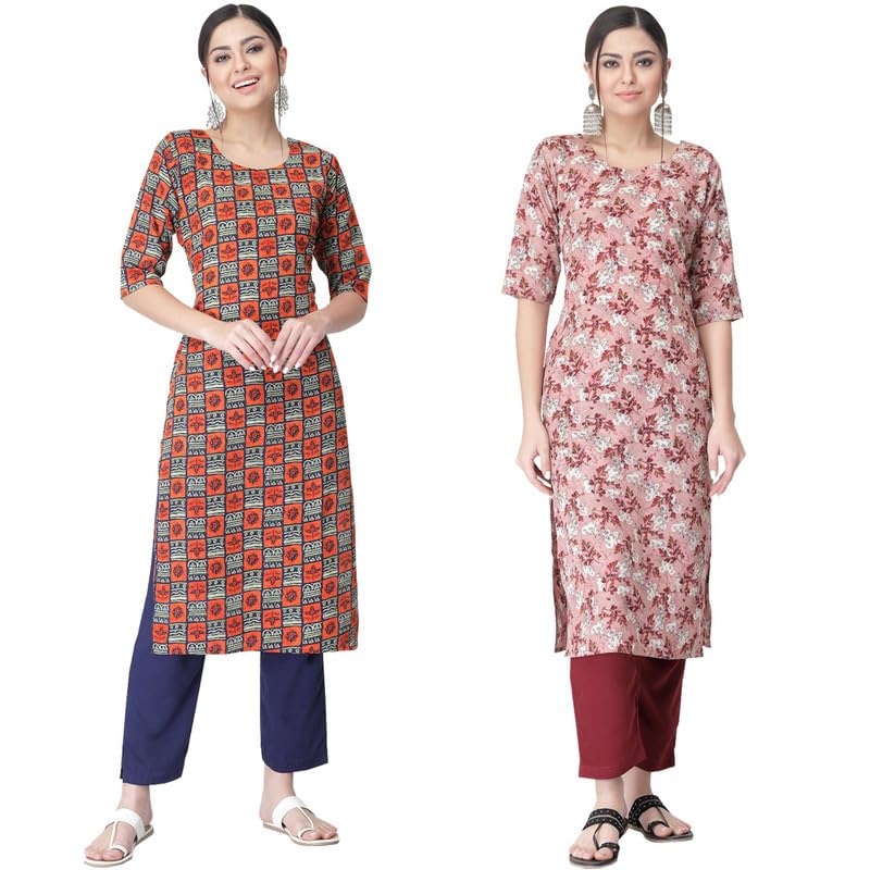 Pinkmint Kurta Set for Women ll Printed Kurti & Pant Set ll Regular Kurta Set ll (Pack of 2) Orange-Pink