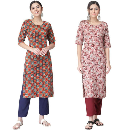 Pinkmint Kurta Set for Women ll Printed Kurti & Pant Set ll Regular Kurta Set ll (Pack of 2) Orange-Pink