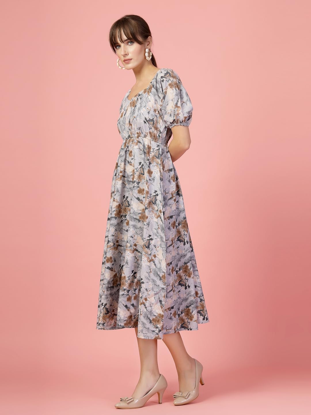 Oomph! Flared Dress For Women Stylish | Long One Piece For Women | Puff Sleeve Long Dress | Floral Print Maxi One Piece | Wester