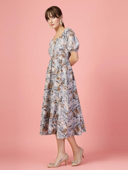 Oomph! Flared Dress For Women Stylish | Long One Piece For Women | Puff Sleeve Long Dress | Floral Print Maxi One Piece | Wester