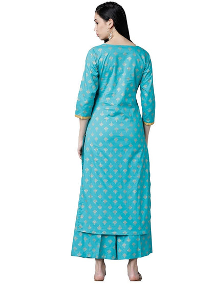 GoSriKi Women's Cotton Foil Printed Straight Kurta with Palazzo (New-Turquoise)