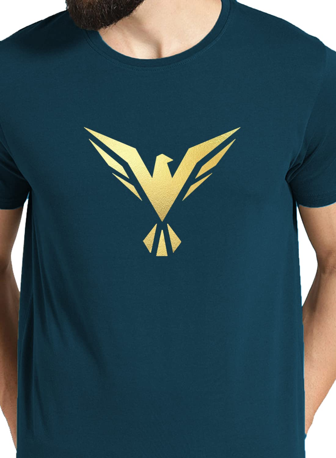 ADRO Men's Bird Gold Printed Cotton T-Shirt (RN23-GL-BIR-SB_Teal)