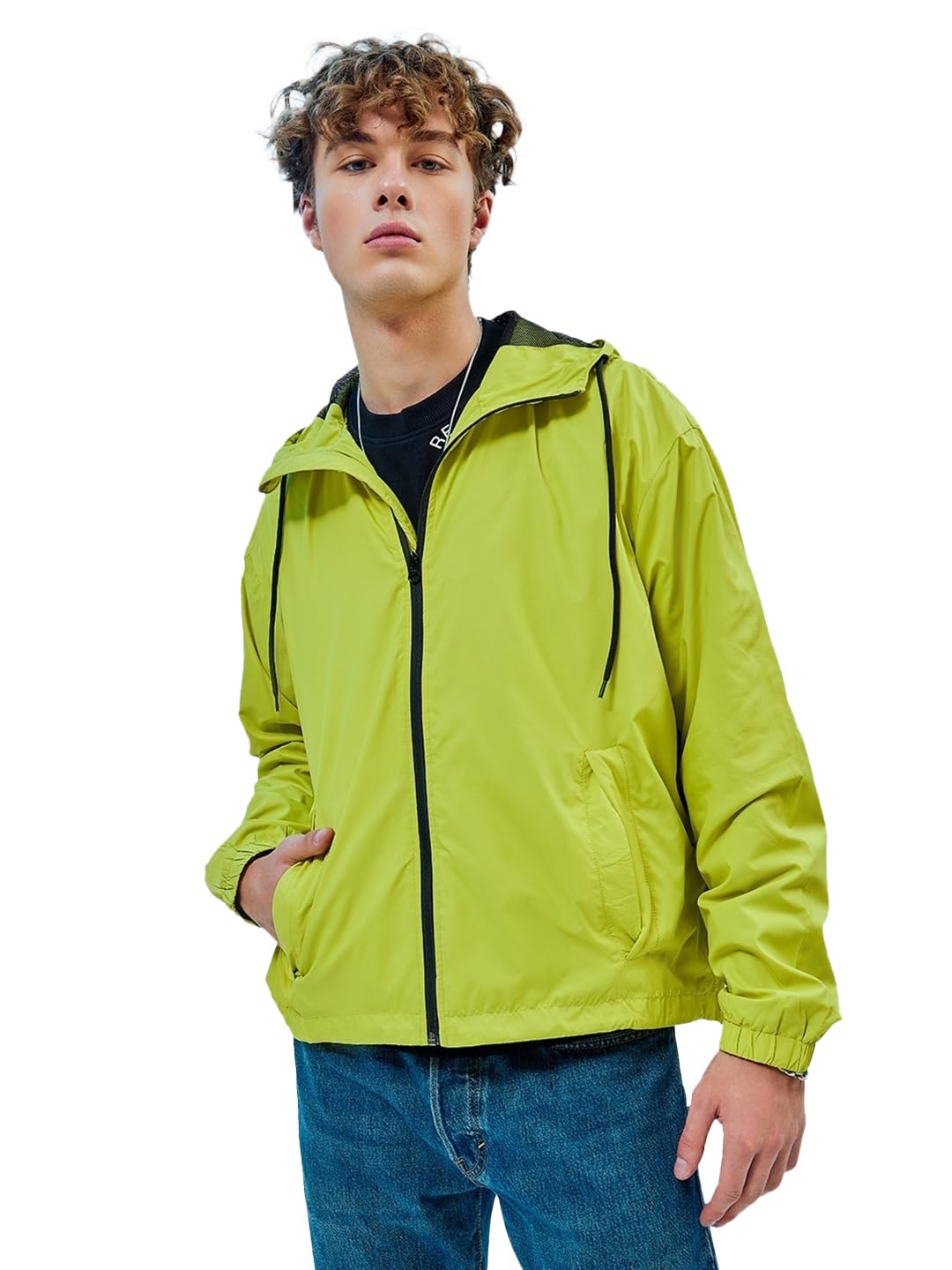 Bewakoof Air 1.0 Mens Solid Oversized Fit Full Sleeve Hooded Neck Nylon Windcheater Jacket_ 596396 Green XL