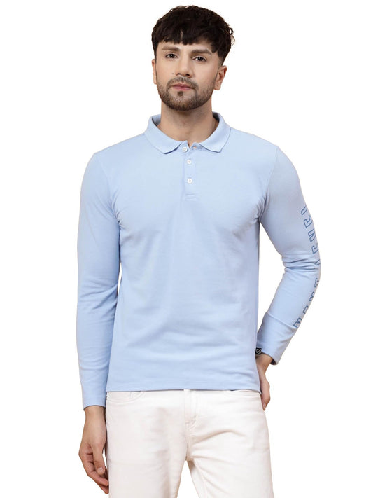 Rigo Full Sleeve Casual Wear Solid Polo T-Shirts for Men | Slim Fit Collar T-Shirts for Men Light Blue