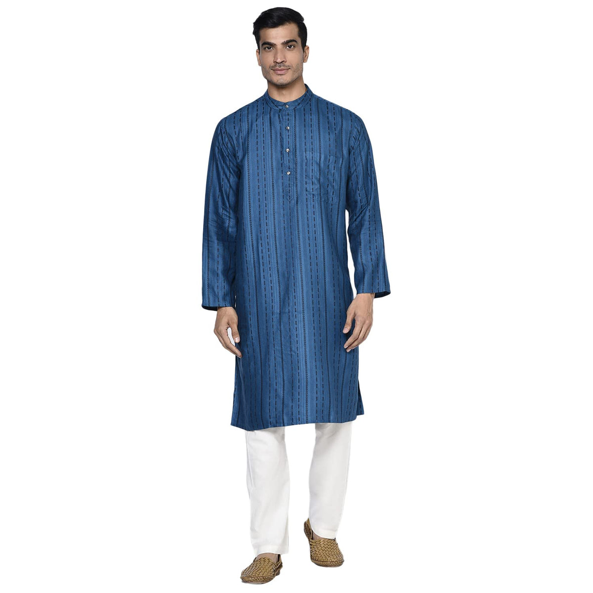 Fabindia MenS Viscose Blend Geometric Comfort Kurta_Dark Blue_S