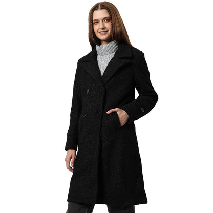 Campus Sutra Women Black Regular Fit Long Coat For Winter Wear | Collar Neck | Full Sleeve | Buttoned | Casual Jacket For Woman 