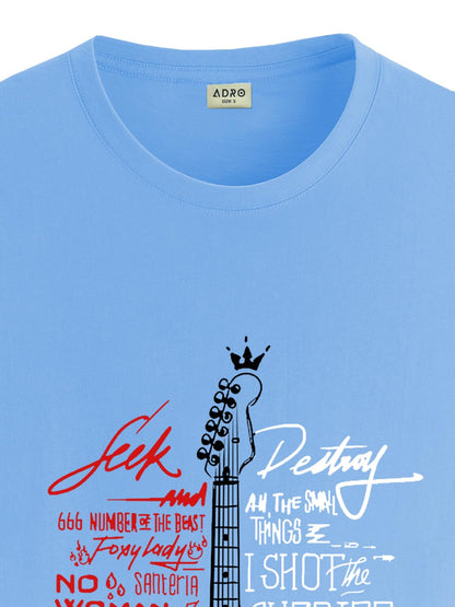 ADRO Guitar Design Printed T-Shirt for Men - 100% Cotton, Regular Fit, Soft Breathable Fabric. (RN23-M-GTR-SK_SkyBlue)