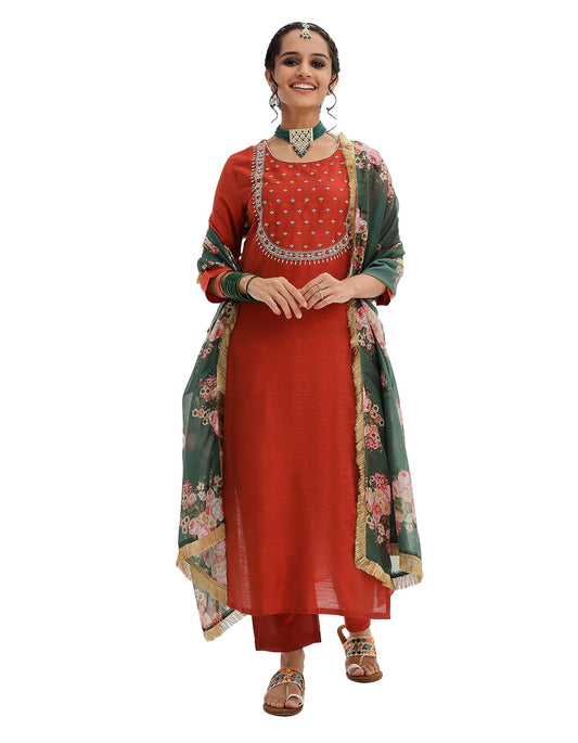 Varanga Women Maroon & Silver Embroidered Straight Kurta With Round Neck, Three-Quarter Sleeves, Paired With Solid Trouser And F
