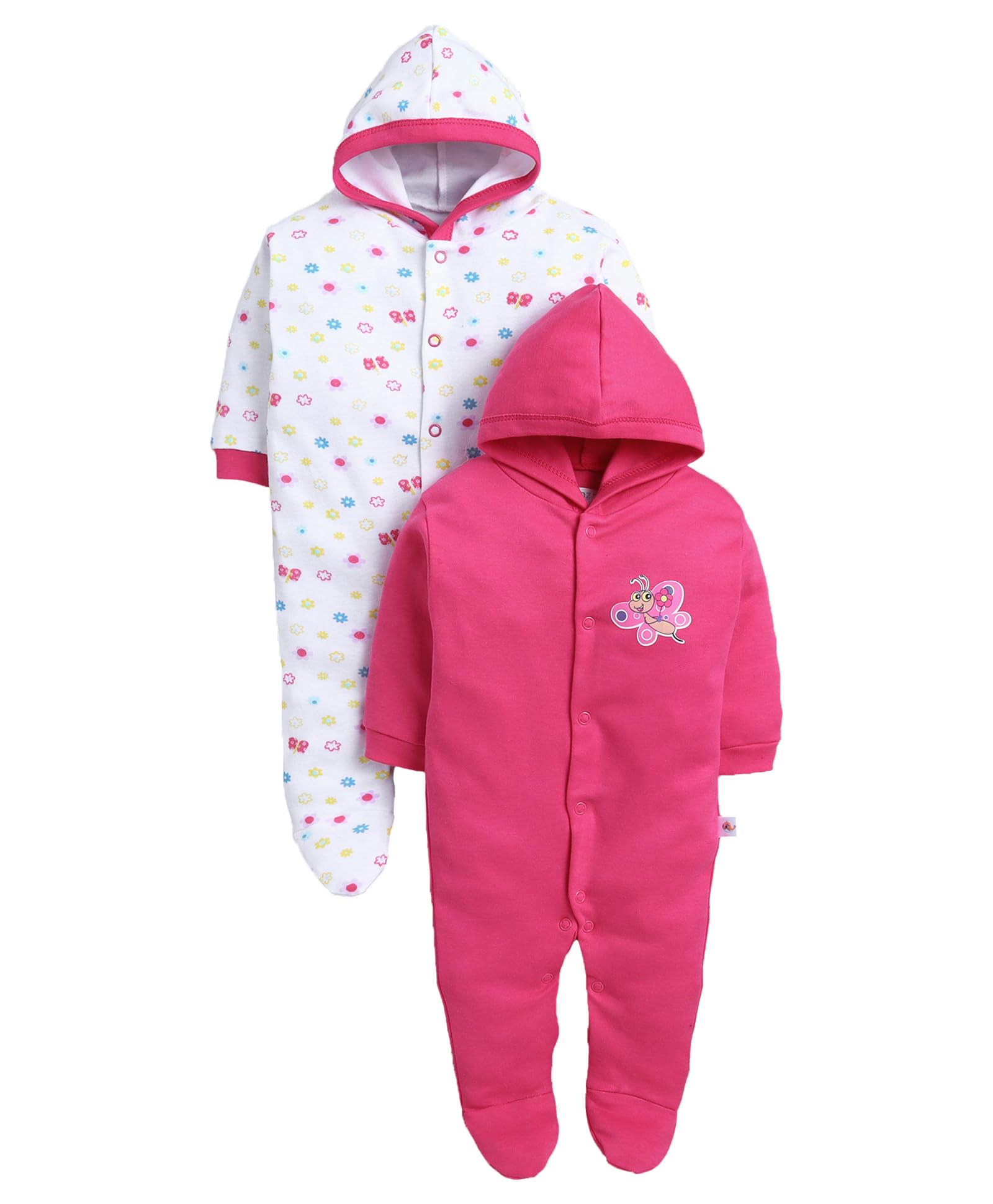 BUMZEE Baby Girls Cotton Full Sleeves Pack of 2 Hooded Sleepsuit Pink & White - New Born (Peb11024A-pnk)