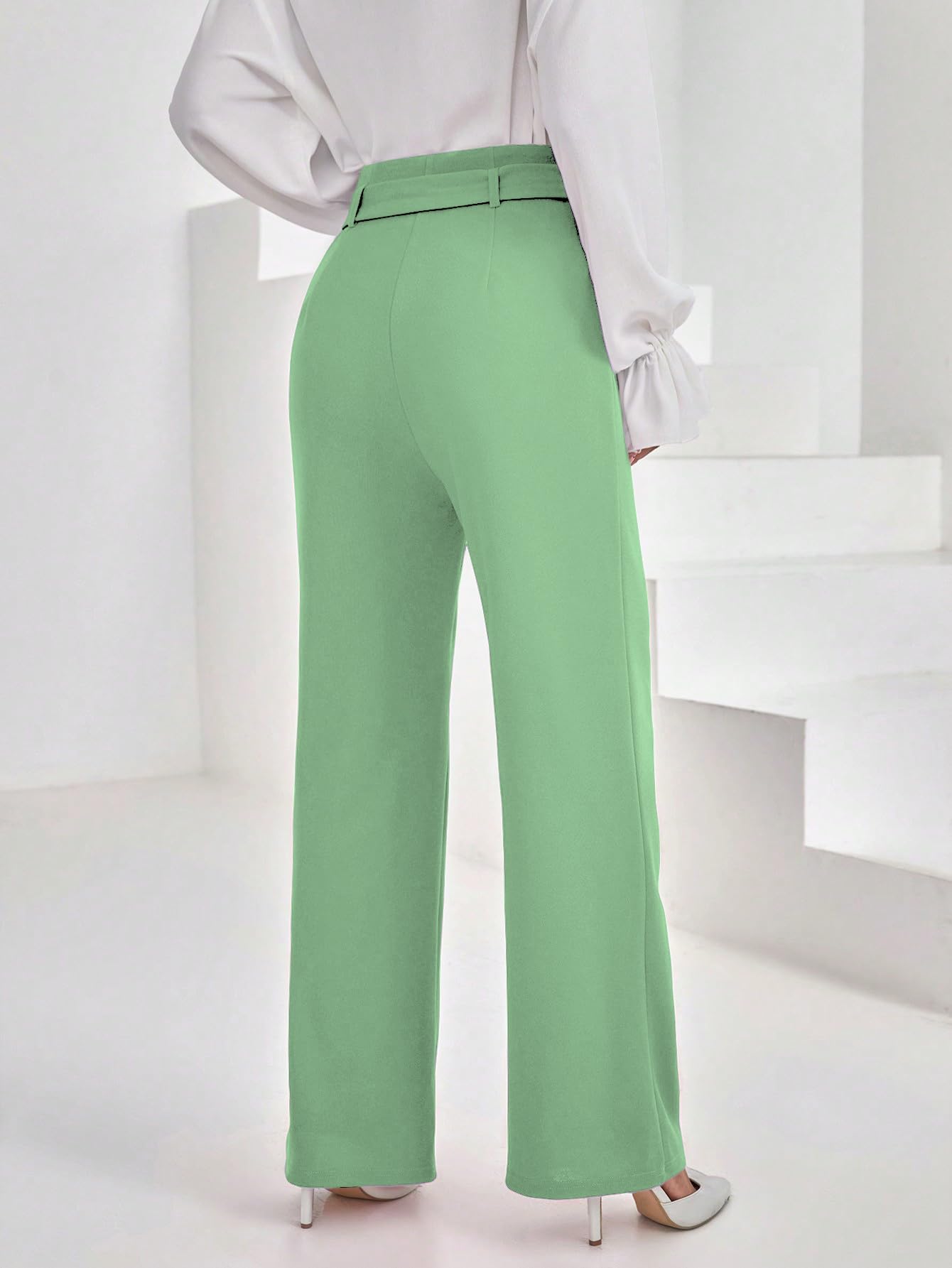 Shasmi Womens Elegant Pista Green Solid Color High Waisted Belted Toothpick Stripe Design Straight Loose Casual Women Pants, Mi