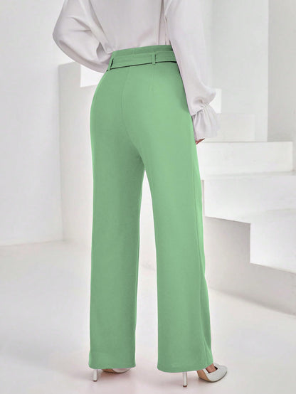Shasmi Womens Elegant Pista Green Solid Color High Waisted Belted Toothpick Stripe Design Straight Loose Casual Women Pants, Mi