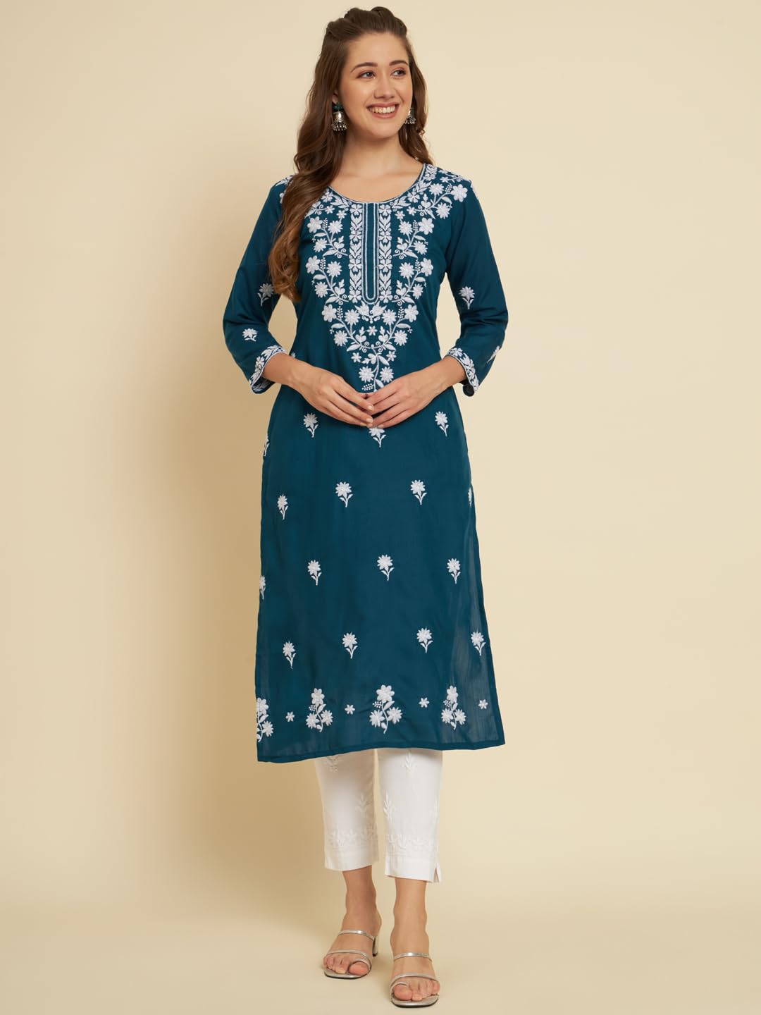 Ekasya WomenS Soft Cotton Slub Straight Cut Round Neck Kurta With Beautiful Floral Embroidery Work (E1572) Royal Blue