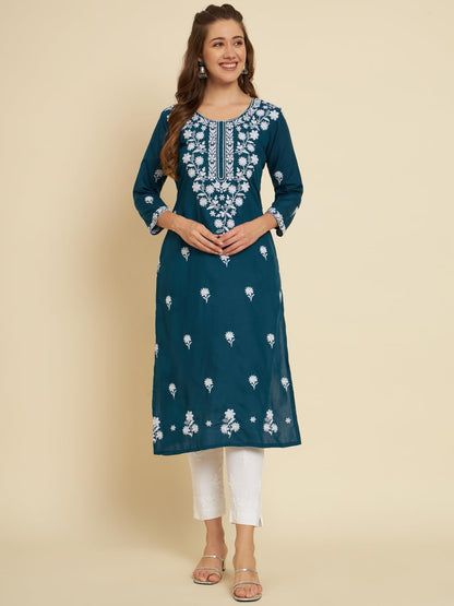 Ekasya WomenS Soft Cotton Slub Straight Cut Round Neck Kurta With Beautiful Floral Embroidery Work (E1572) Royal Blue