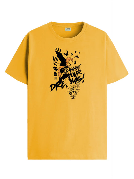 ADRO Mens Anime T Shirt - Premium Cotton Printed Haikyuu Tshirt - Perfect for Haikyuu Fans Print and Comfortable Fit Mustard T-S