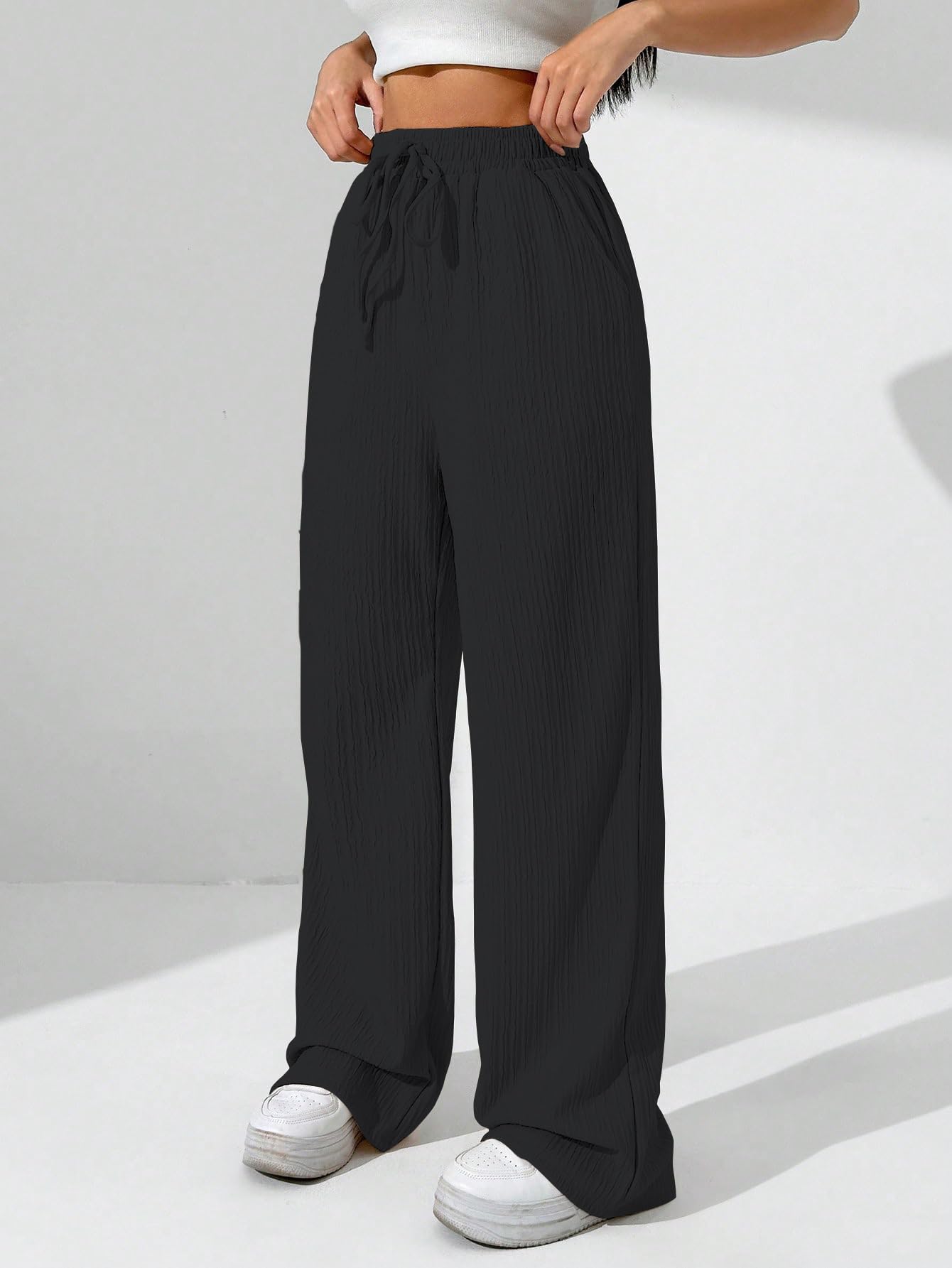 Sugathari Womens Black Loose Wide-Leg Pants with Textured Wrinkled Fabric and Drawstring Waist Long Trousers (Trouser 157 Black