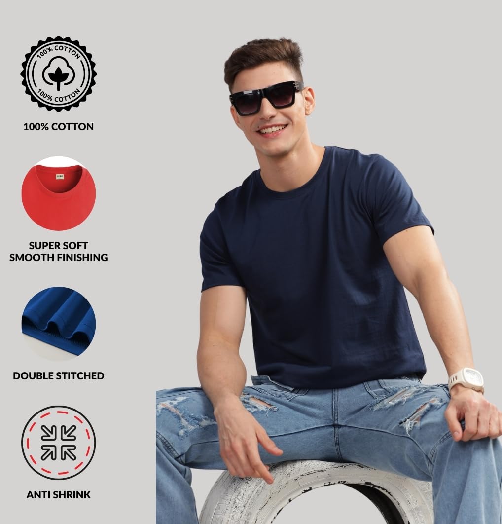 ADRO Men's Solid Regular Fit T-Shirt (RCM3-PLN-BL-NB-SK_Black,Navy,Sky Blue