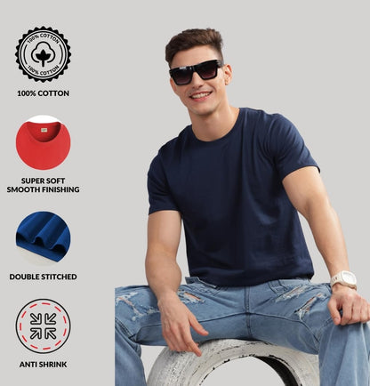 ADRO Men's Solid Regular Fit T-Shirt (RCM3-PLN-BL-NB-SK_Black,Navy,Sky Blue