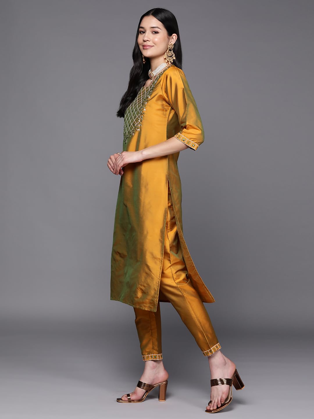 Libas Womens Silk Blend Kurta Sets (35146_Mustard