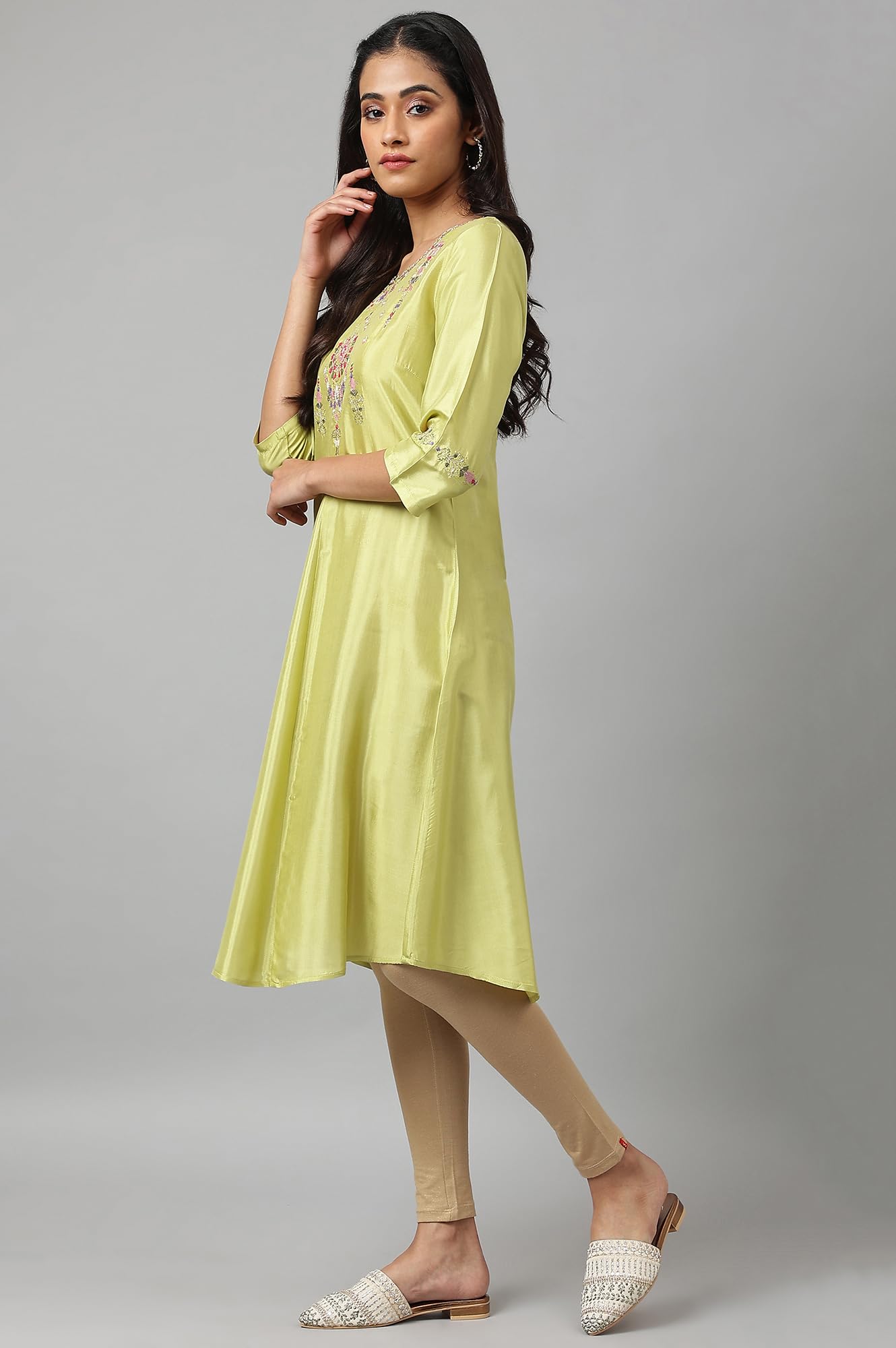 W For Woman Light Green Embroidered Regular Kurta
