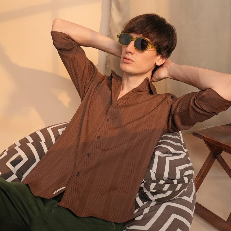 Campus Sutra Mens Chocolate Brown Mesh-Textured Knit Shirt | Casual Wear | Spread Collar | Long Sleeve | Button Closure | Shirt