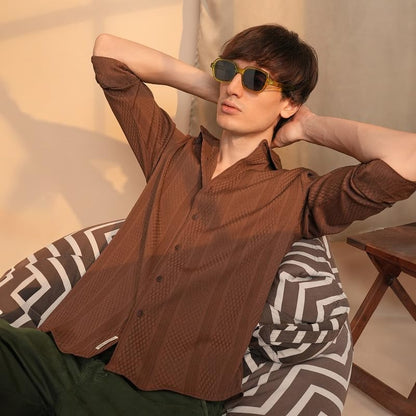 Campus Sutra Mens Chocolate Brown Mesh-Textured Knit Shirt | Casual Wear | Spread Collar | Long Sleeve | Button Closure | Shirt