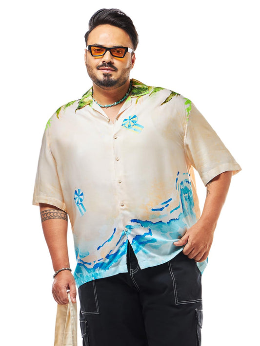 Bewakoof Mens All Over Printed Oversized Fit Half Sleeve Resort Collar Rayon Plus Size Shirt_624362_Beige_6XL