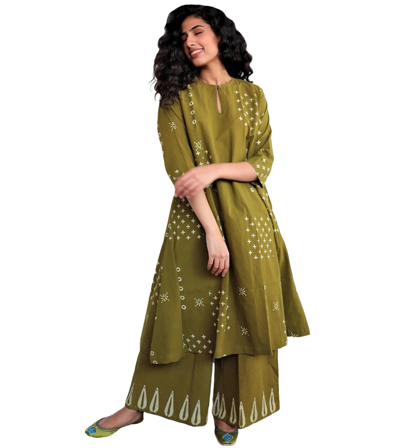 ANNI DESIGNER Women s Printed Rayon Viscose Kurta with Palazzo, Mehandi, Small
