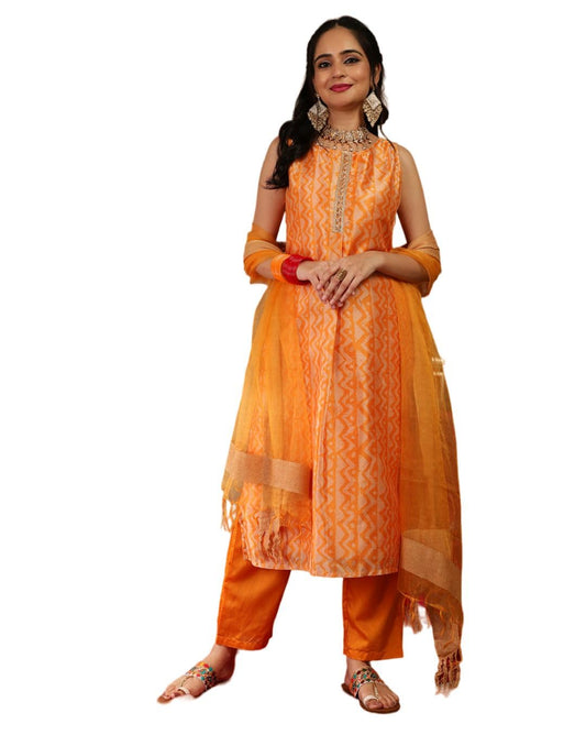 Varanga Yellow Cut Sleeve Straight Kurta With Tonal Bottom And Tonal Dupatta.