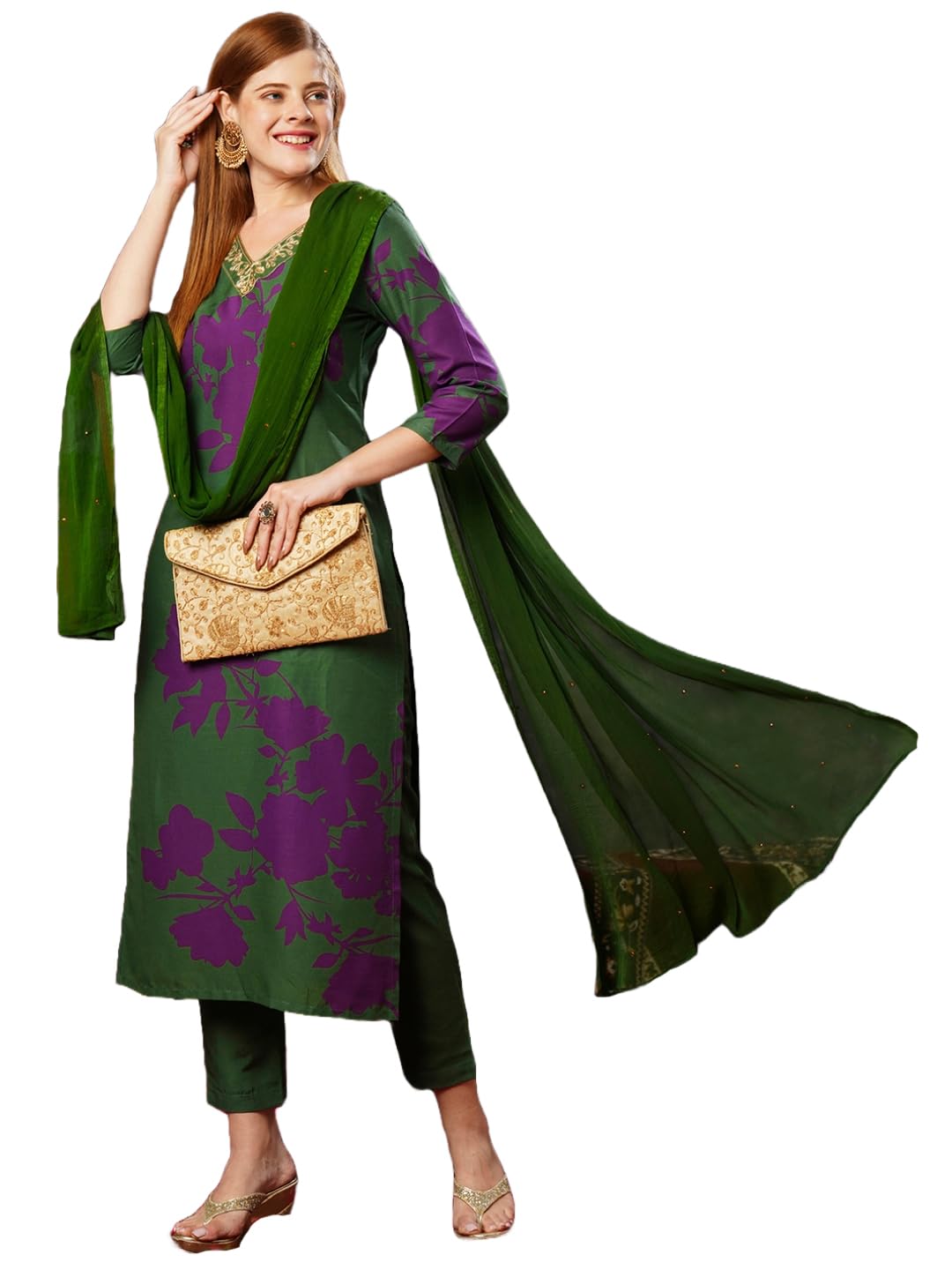 ANNI DESIGNER Ladies Cotton Blend Kurta with Trousers and Dupatta, green, S