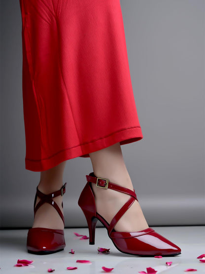 Shoetopia WomenS Cherry Patent Leather Heels || Cross Strap Closed Toe Pumps With Buckle || Stylish High Heel Perfect For Offic