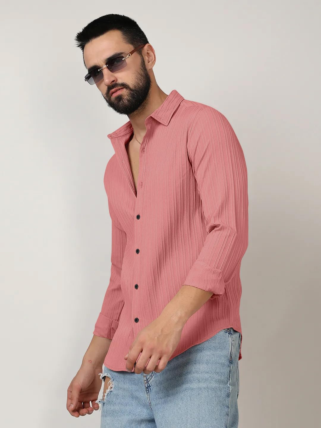 Finivo Fashion MenS Casual Cotton Plain Button Down Shirts Long Sleeve Textured Summer Beach Shirt For Men Peach