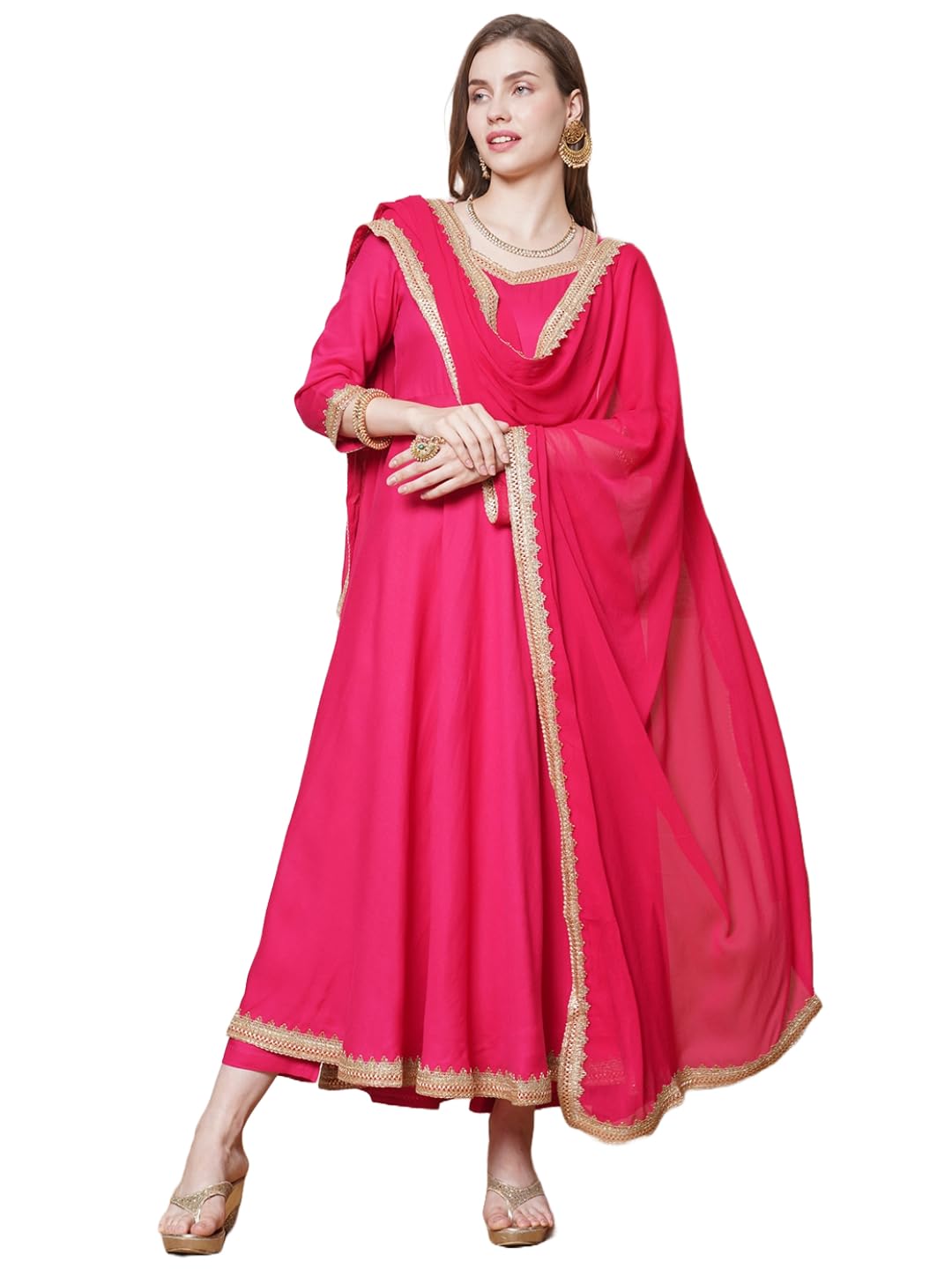 Gosriki WomenS Rayon Blend Anarkali Solid Kurta With Pant & Dupatta (Shyam Pink-Gs_Xxl_Pink_Xx-Large)