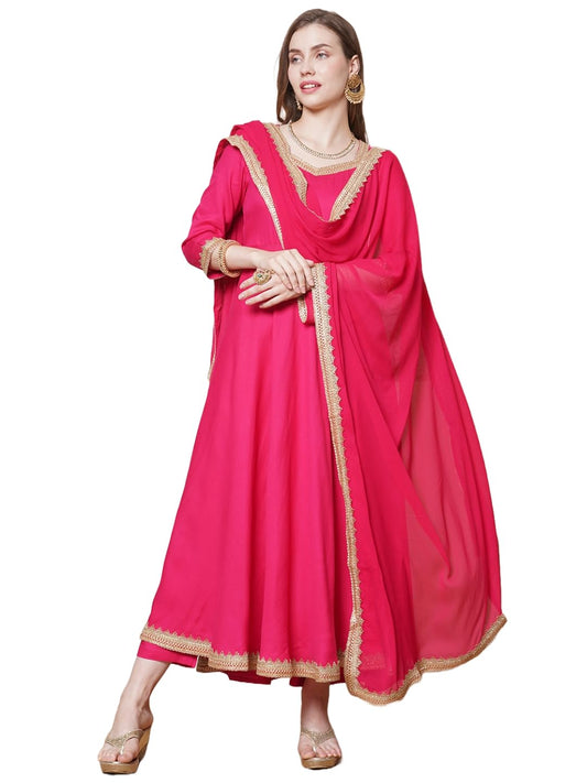 Gosriki WomenS Rayon Blend Anarkali Solid Kurta With Pant & Dupatta (Shyam Pink-Gs_Xxl_Pink_Xx-Large)