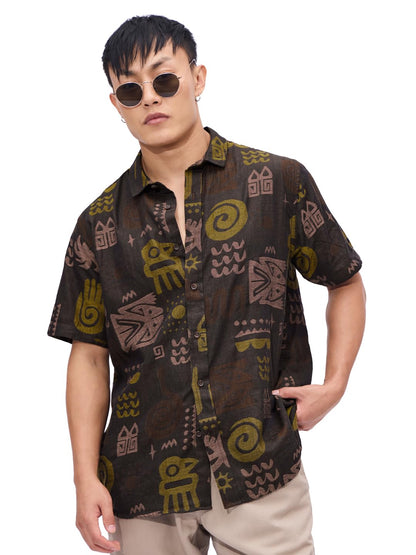 The Souled Store Ancient Trip Men and Boys Short Sleeves Collared Neck Button Front Brown All Over Printed Cotton Textured Shirt