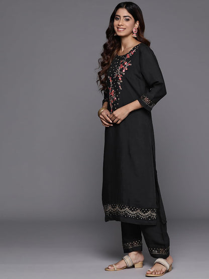 VARANGA Women Black Thread And Sequins Embroidered Kurta With Bottom And Dupatta