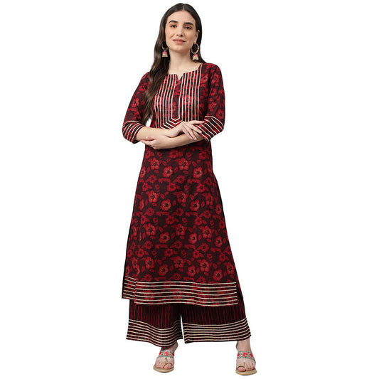 idaLia Maroon Printed Cotton Kurta Set