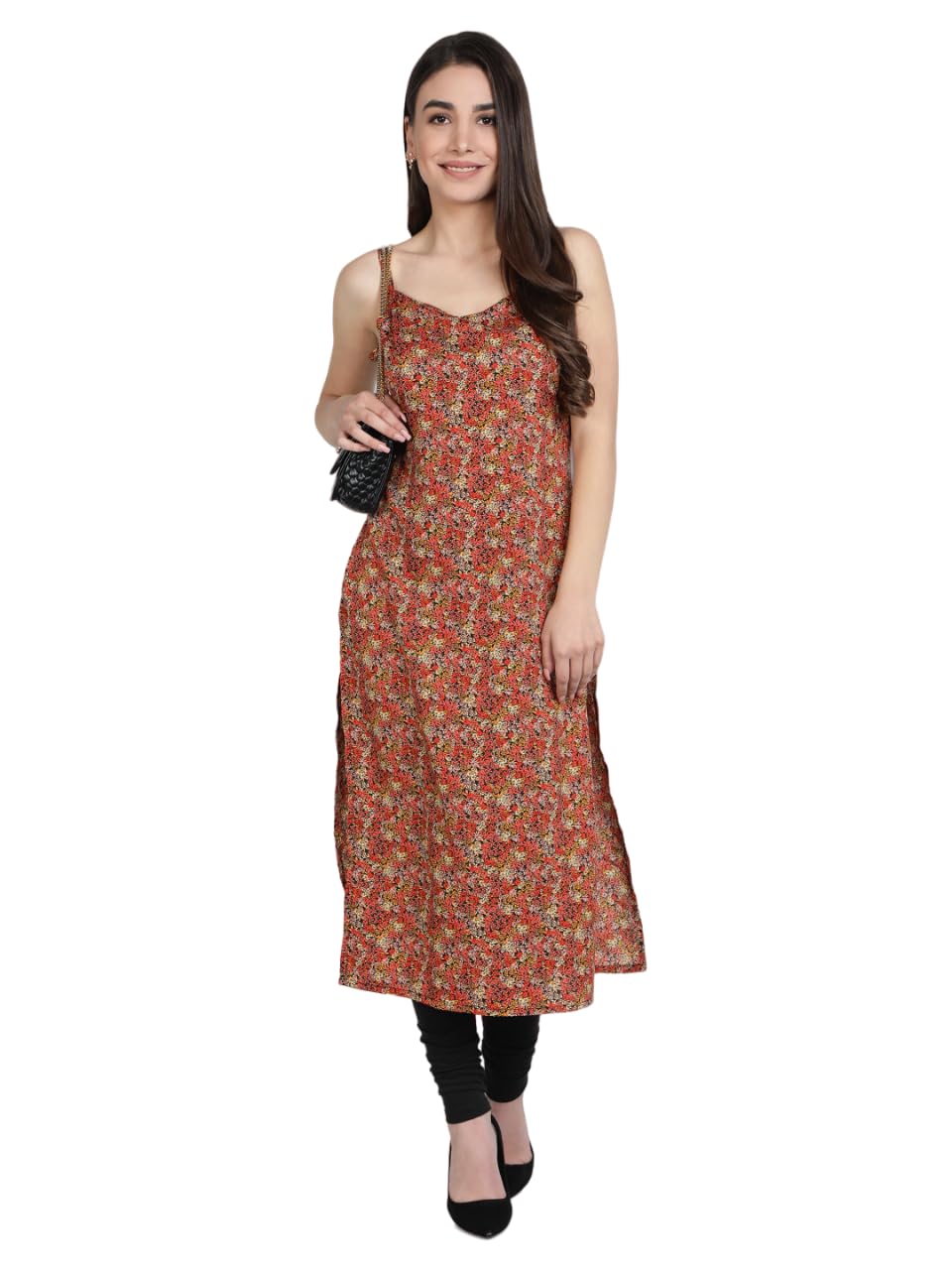 Patlani WomenS Cotton Blened Sleeveless Printed Full Stitched Kurti.(K-199) Orange