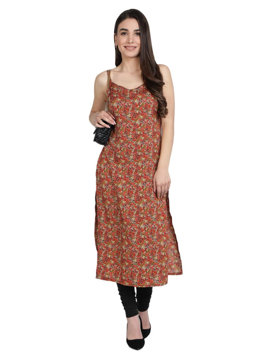Patlani WomenS Cotton Blened Sleeveless Printed Full Stitched Kurti.(K-199) Orange